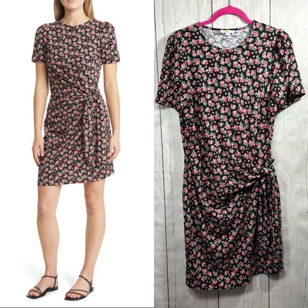 Boden Floral Ruched Side Knot Jersey Dress Black Pink Ditsy Romantic Cottagecore